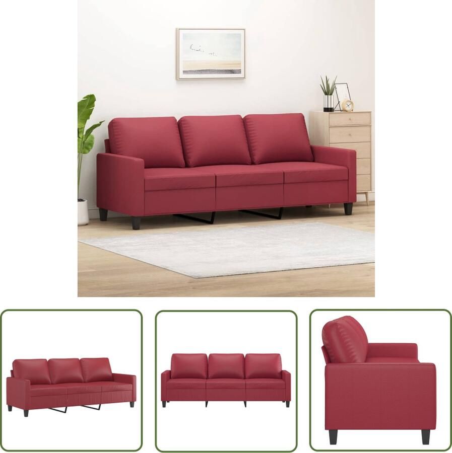 The Living Store 3-zitsbank Kunstleer Wijnrood 198x77x80cm Stevig frame Comfortabele zitting 3 Zits Bank Lederlook Bank Rode Bank Lounge Bank Salon Meubilair