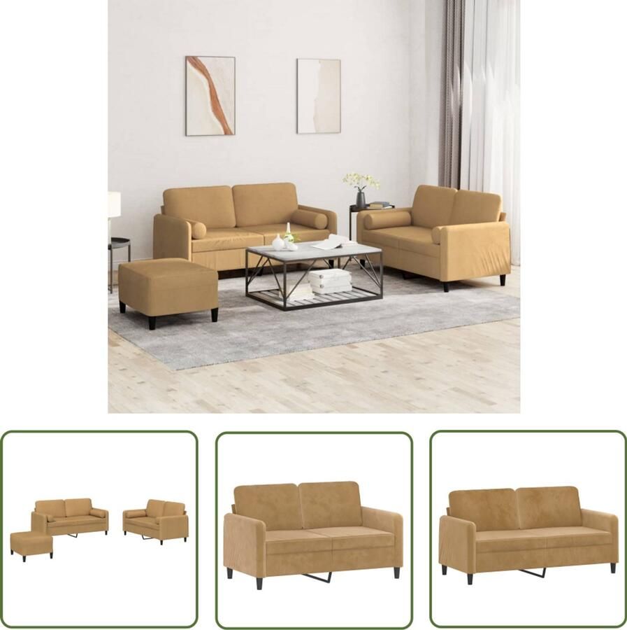 VidaXL Lederlook Bankstel Bruine Loungebank 3-delige Loungeset met kussens fluweel bruin Velvet Sofa Moderne Salonset Complete Loungeset
