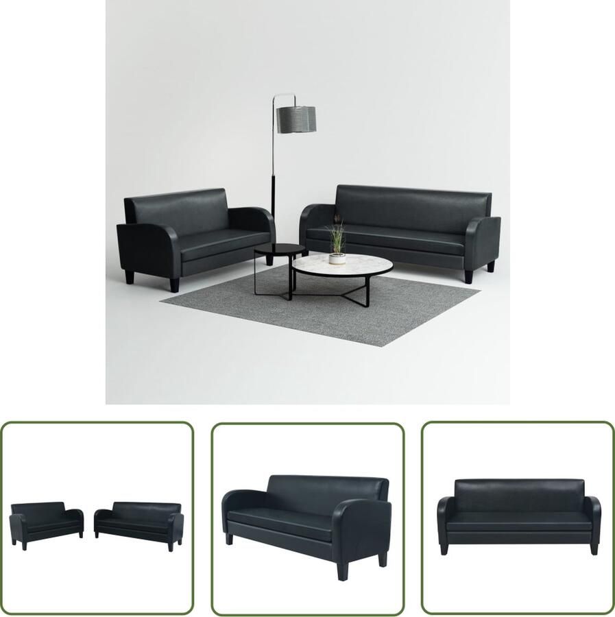 The Living Store Kunstleren Bankstel 2-zits en 3-zits Zwart houten frame Eenvoudig te monteren Bankstel Lederlook Zwarte Bank Salontafel Lounge Set - Foto 2