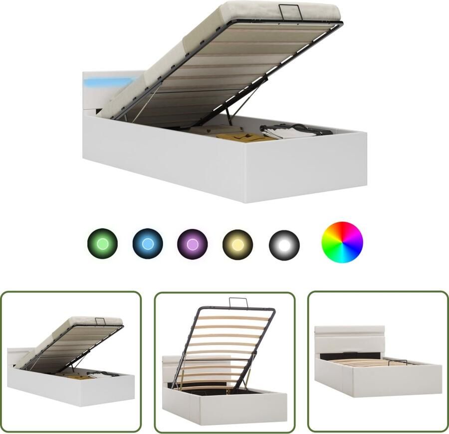 The Living Store Bedframe Hydraulisch Leer Wit 212x97x73 cm Geschikt voor matras 90x200 cm Met opbergvak en LED-strip Hydraulisch Bed Lederlook Bed Witte Bed Boxspring Bed Tweepersoons Bed