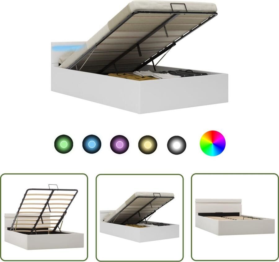 The Living Store Bedframe Wit Kunstleren bekleding Hydraulisch gasveermechanisme LED-strip 212x147x73cm Witte Bed Lederlook Bed Boxspring Bed Led Bed Elektrisch Bed - Foto 2