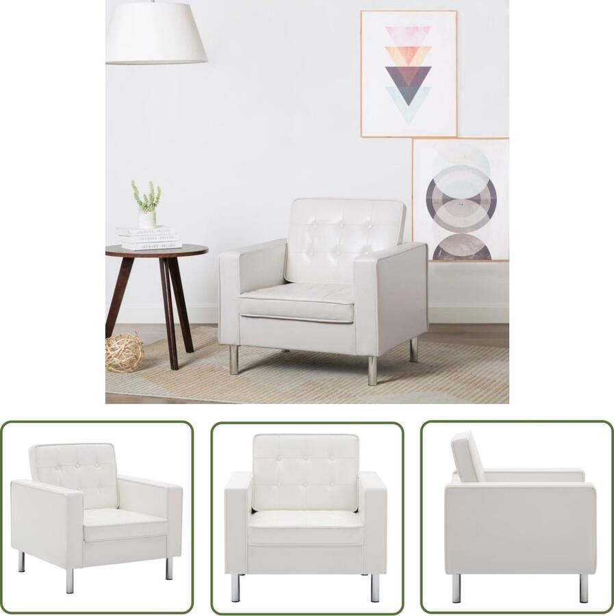 The Living Store Leunstoel Fauteuil 75 x 70 x 75 cm Met knopen Fauteuil Lederlook Witte Fauteuil Design Fauteuil Lounge Stoel - Foto 2