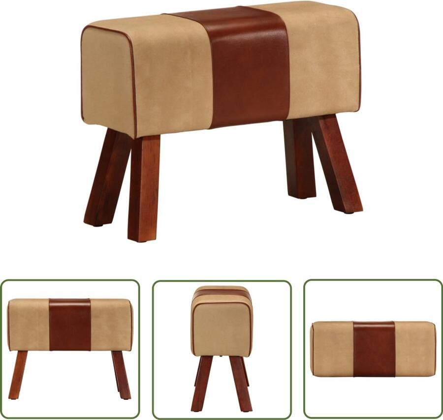 The Living Store Bankje turnbok 58 cm echt leer en massief mangohout bruin Vintage Fauteuil Leer Bankje Houten Bank Salontafel Kleine Bank