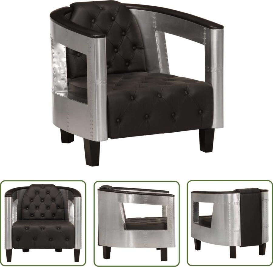 The Living Store Fauteuil Aviation Zwart 73 x 67 x 69 cm Echt leer Comfortabele Fauteuil Leren Fauteuil Industrieel Fauteuil Zwarte Fauteuil Vliegtuigfauteuil