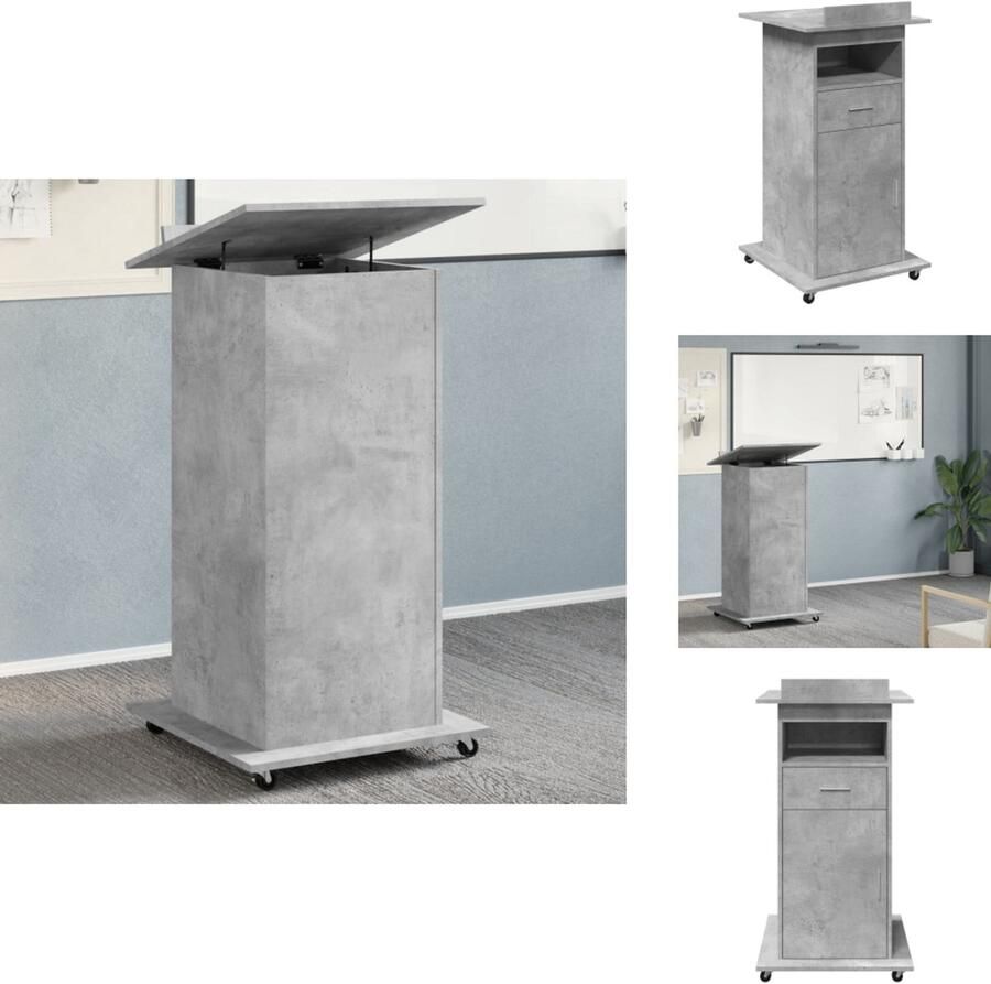 VidaXL Lessenaar Lessenaars Lezenaar Spreekgestoelte Lessenaar met wielen en lade 55x55x107 cm hout betongrijs - Foto 2