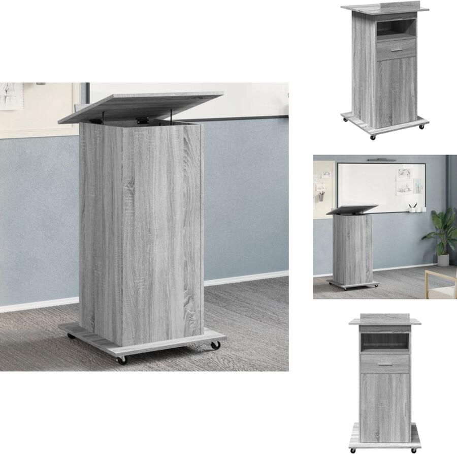 VidaXL Lessenaar Lessenaars Lezenaar Spreekgestoelte Lessenaar met wielen en lade 55x55x107 cm hout grijs sonoma