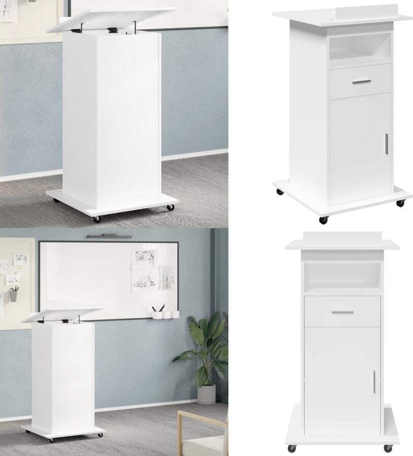 VidaXL Lessenaar met wielen en lade 55x55x107 cm bewerkt hout wit Lessenaar Lessenaars Lezenaar Spreekgestoelte