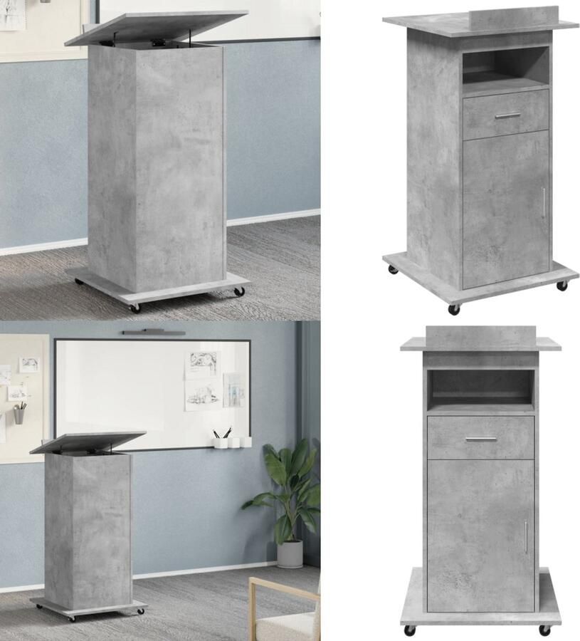 VidaXL Lessenaar met wielen en lade 55x55x107 cm hout betongrijs Lessenaar Lessenaars Lezenaar Spreekgestoelte