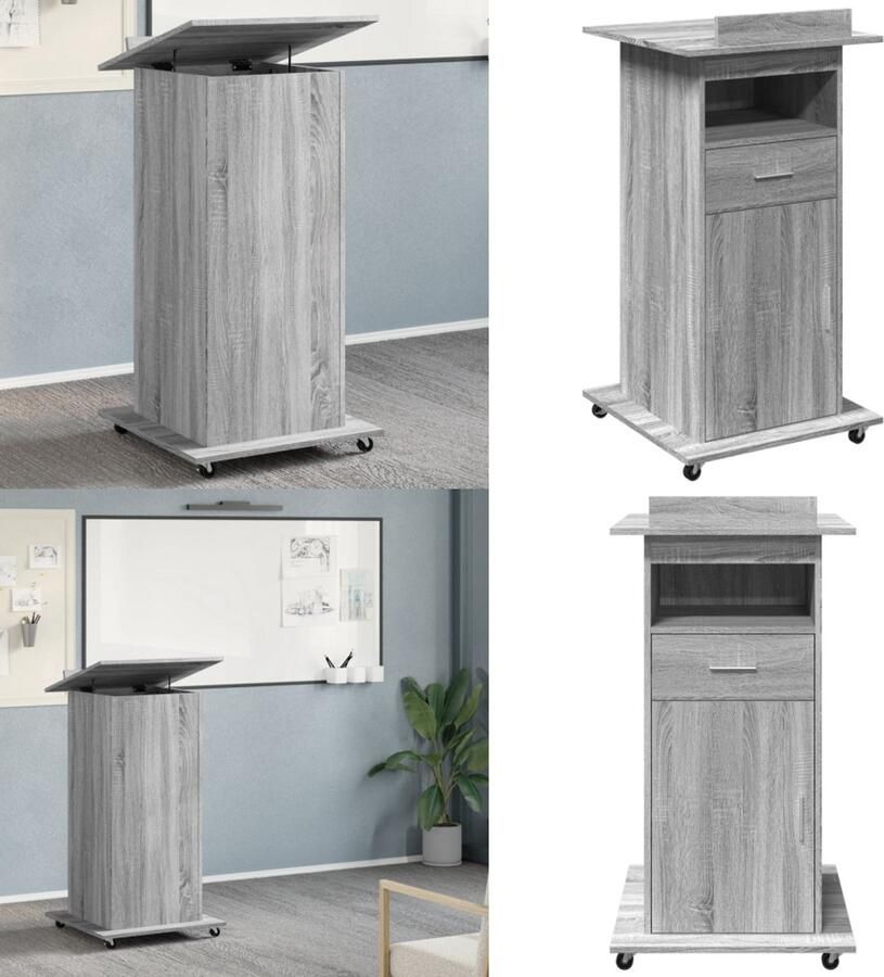 VidaXL Lessenaar met wielen en lade 55x55x107 cm hout grijs sonoma Lessenaar Lessenaars Lezenaar Spreekgestoelte