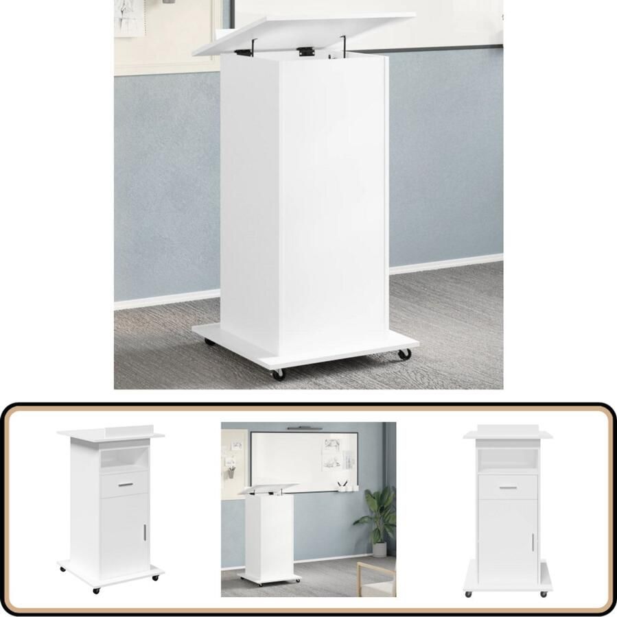 VidaXL Lessenaar met wielen en lade wit 55x55x107 cm Lessenaar Bureau Houten Bureau Kantoormeubilair Laptopstandaard