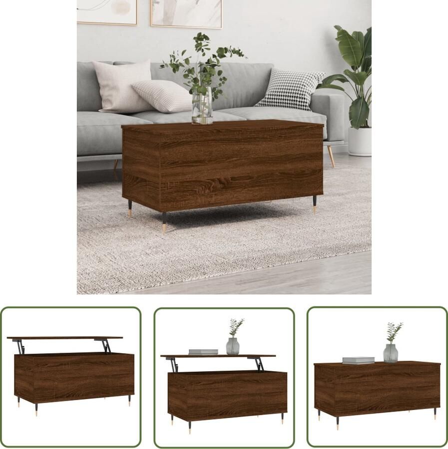 The Living Store Salontafel Lift Top Bruineiken 90 x 44.5 x 45 cm Handig lift-top ontwerp Duurzaam materiaal Voldoende opbergruimte Metalen poten Veelzijdige tafel