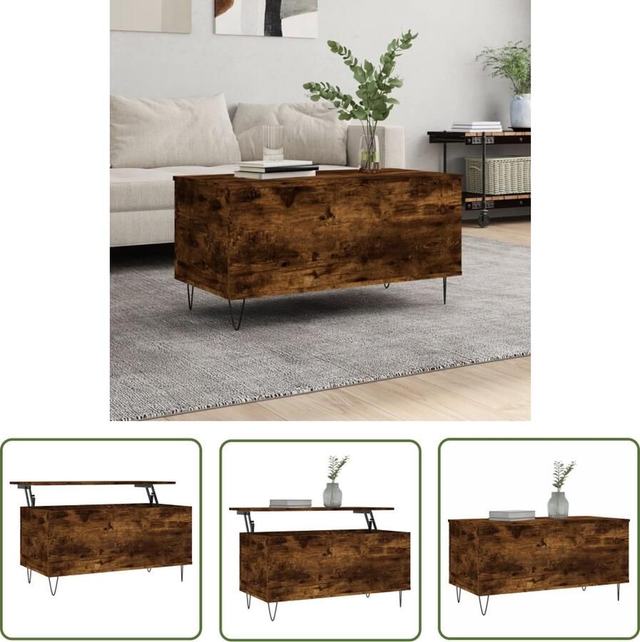 VidaXL Lift Top Tafel Salontafel 90x44 5x45 cm bewerkt hout gerookt eikenkleurig Houten Salontafel Met Lade Bruine Salontafel