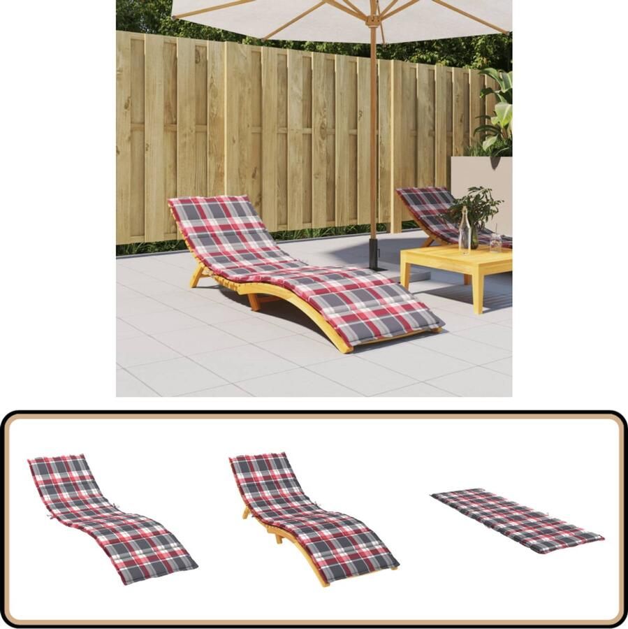 VidaXL Ligbedkussen 200x60x3 cm Rood Ruitpatroon Ligbedkussentje Tuinstoel Kussen Outdoor Kussen Lounge Kussen Rood Patroon Waterdicht