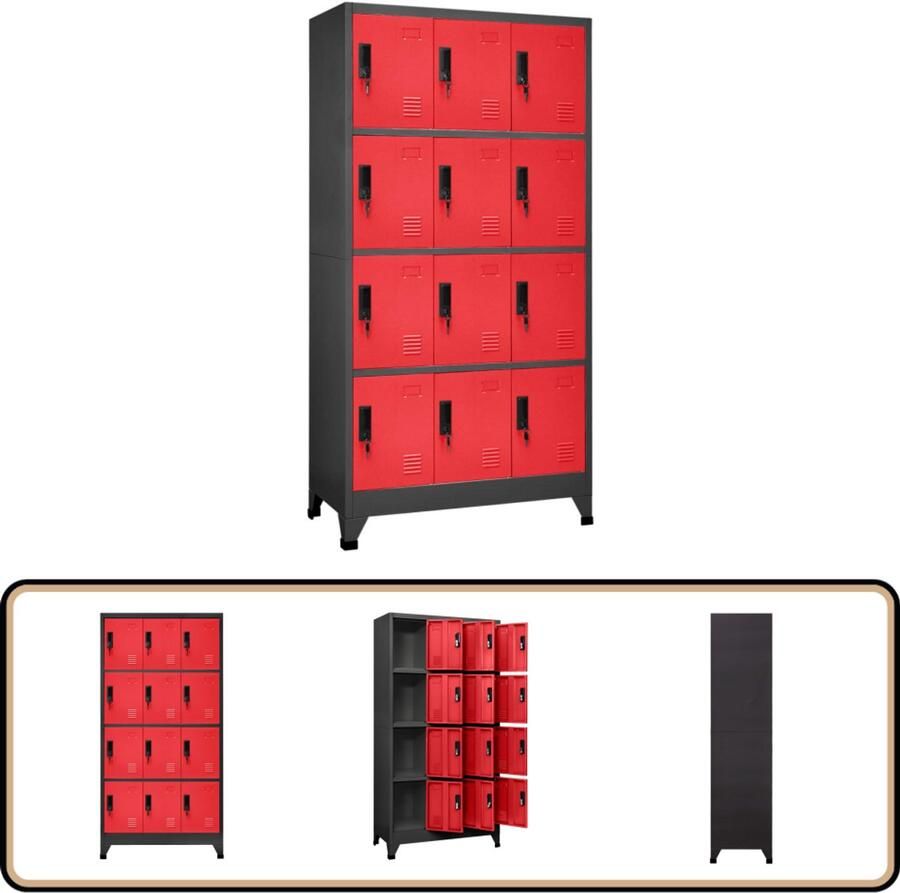 VidaXL Lockerkast 12 Deuren Staal Antraciet Rood Lockerkast Opslagkast Kantooraccessoires Schoolmeubilair Metalen Kast