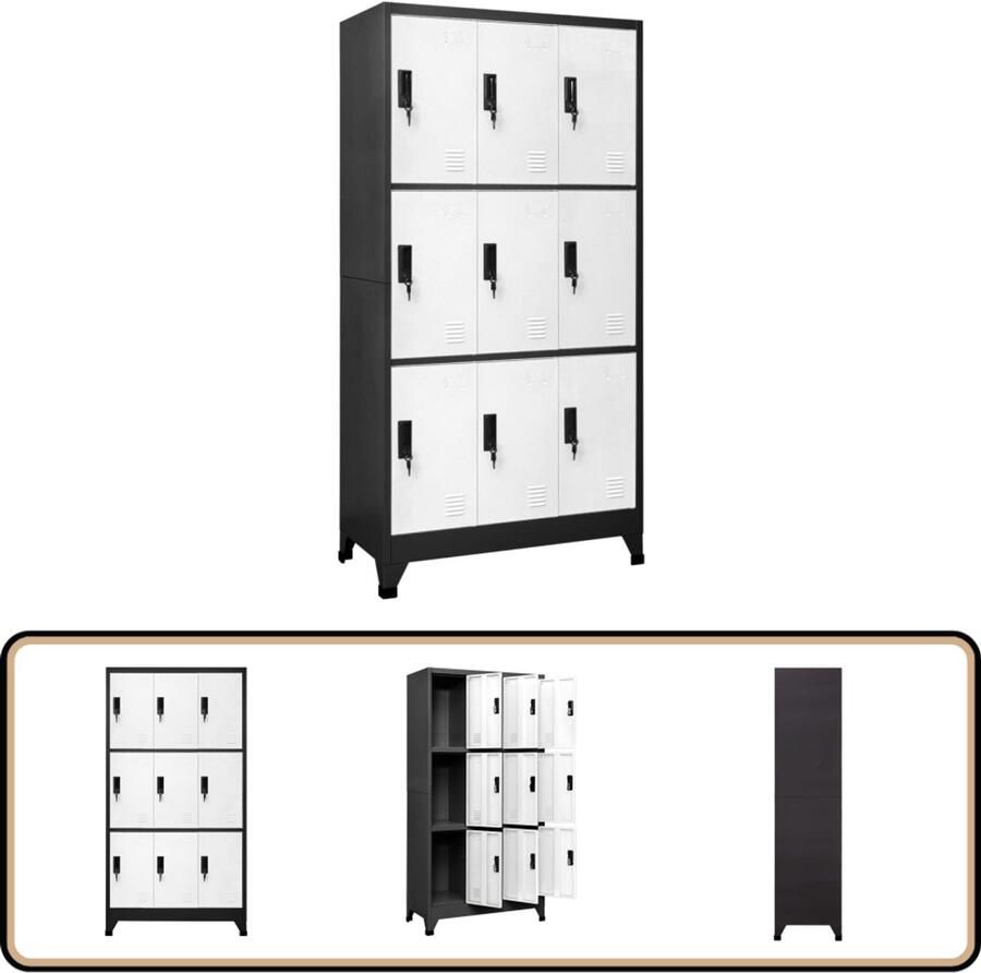 VidaXL Lockerkast 9 Deuren Antraciet en Wit Staal Lockerkast Opslagkast Kantooraccessoires Schoolmeubilair Metalen Kast Anthraciethout