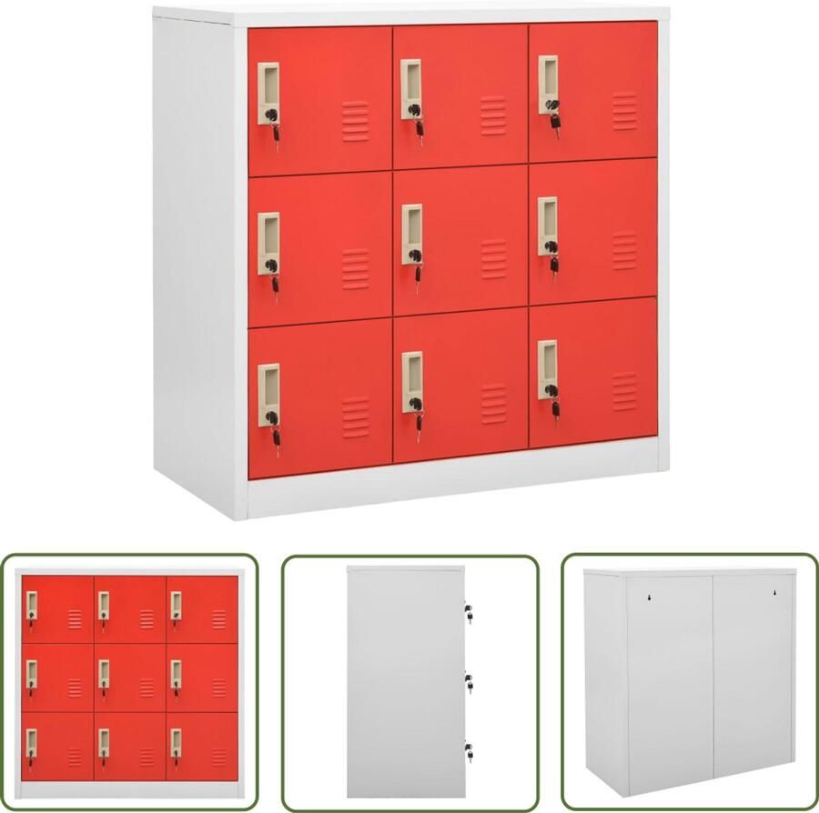 VidaXL Lockerkast 9 Lockers Lichtgrijs Rood 90x45x92 5 cm Locker Kast Opbergkast Kantoor Meubilair Metalen Kast Staalkast Grijze Kast Rode Kast Schoolmeubilair Archivak Bergruimte Organisatie Veiligheidssloten