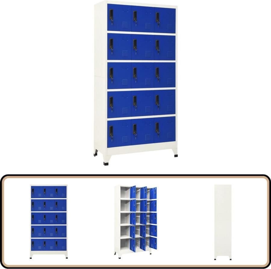 VidaXL Lockerkast 90x40x180 cm Grijs en Blauw Lockerkast Opbergkast Kantooropslag School Lockers Metalen Kast Grijze Kast Blauwe Kast Beveiligde Opslag Afsluitelijke Deuren Ventilatieopeningen
