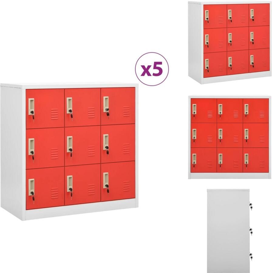 VidaXL Lockerkast Lockerkasten Locker Kast Locker Kasten Lockerkasten 5 st 90x45x92-5 cm staal lichtgrijs en rood - Foto 2