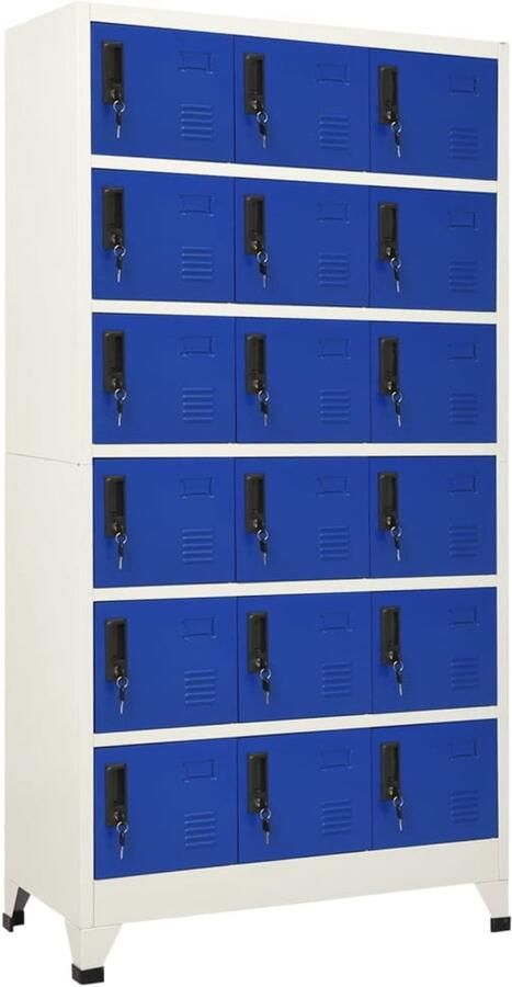 VidaXL Lockerkast Staal Grijs en Blauw 18 deuren Lockerkast Opbergkast Kantooropslag School Lockers Metalen Kast