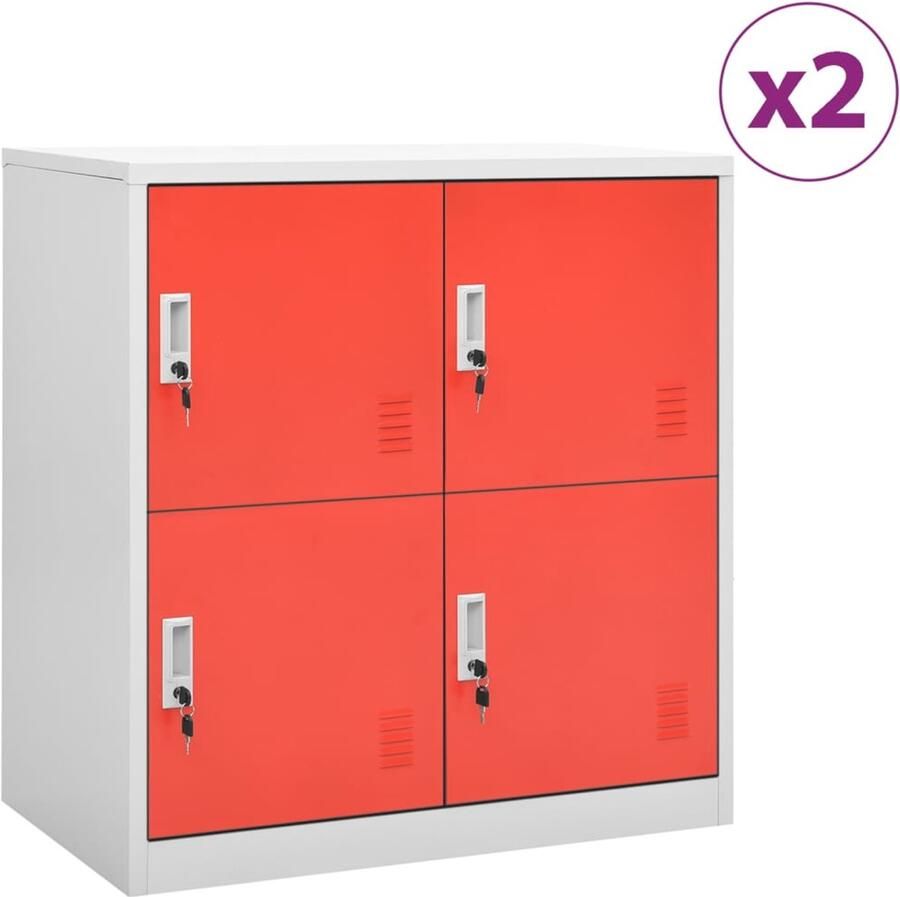 VidaXL Lockerkasten 2 stuks Staal Lichtgrijs Rood Locker Kast Opslagkast Schoolmeubilair Kantoor Meubel Metalen Kast
