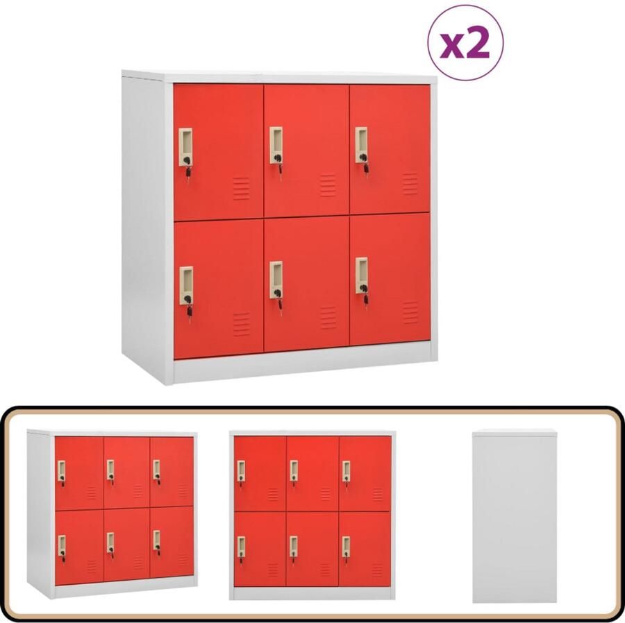 VidaXL Lockerkasten 2 stuks Staal Lichtgrijs Rood Locker Kast Opslagkast Schoolmeubilair Kantoor Meubel Staal Locker Grijze Locker Rode Locker