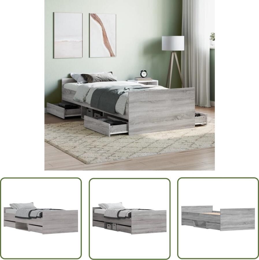The Living Store Bedframe met hoofd- en voeteneinde grijs sonoma eiken 90x190 cm Bed Frame Logeerbed Houten Bed Met Lade Tweepersoonsbed