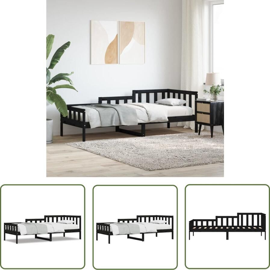 The Living Store Logeerbed Massief grenenhout 3-zijdig bedhek Gelat ontwerp Veelzijdig bed Extra opbergruimte Zwart 203.5 x 88 x 68.5 cm Geschikte matras- 80 x 200 cm Montage vereist