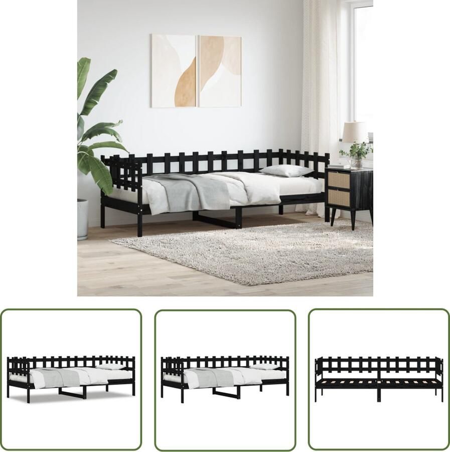 The Living Store Logeerbed Houten Slaapbank Zwart 193.5 x 98 x 68.5 cm Massief Grenenhout 3-zijdig bedhek Gelat ontwerp Extra opbergruimte Slaapbank Logeerbed Massief Hout Grenenhout Zwarte Slaapbank