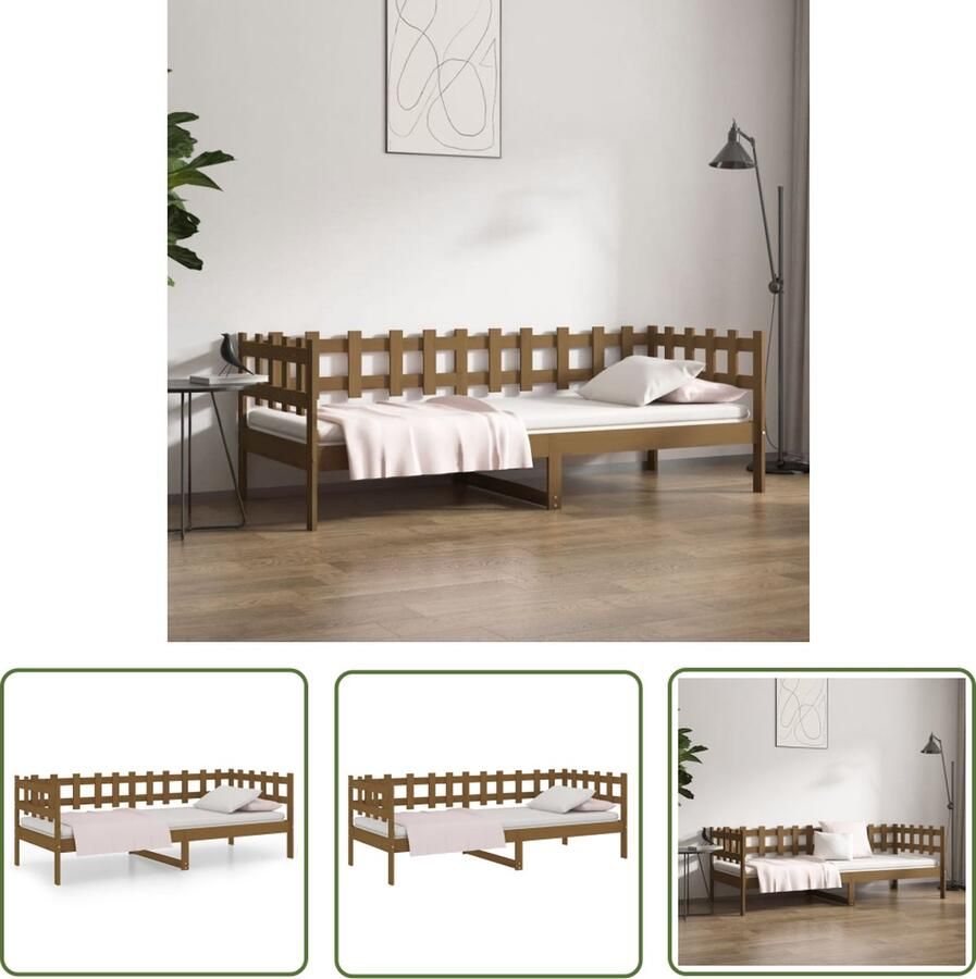 The Living Store Logeerbed Grenenhout 3-Zijdig Bedhek Gelat Ontwerp Honingbruin 203.5 x 96 x 68.5 cm 90 x 200 cm Massief grenenhout Slaapbank Logeerbed Bed Frame Grenenhouten Bed Bruine Bed - Foto 2