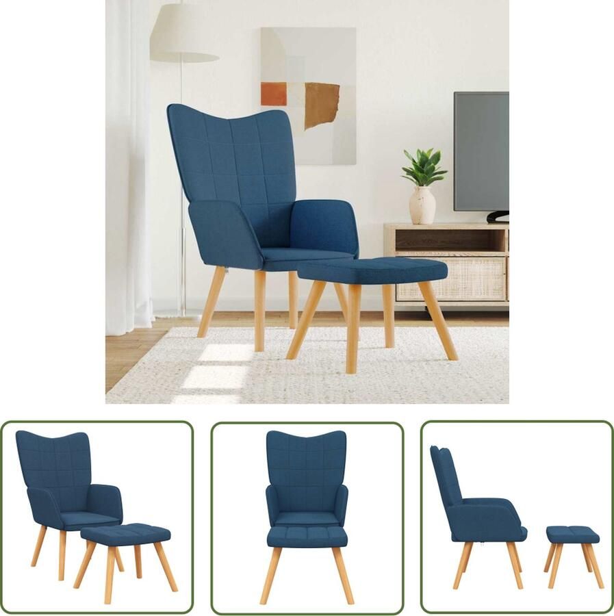 The Living Store Relaxstoel Blokpatroon Blauw 61.5 x 69 x 95.5 cm Stof beukenhout staal Relaxstoel Lounge Chair Blokkpatroon Blauwe Stoffen Meubels Comfortabele Stoel