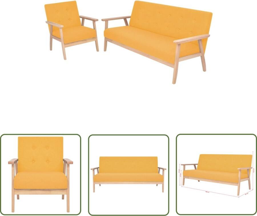 The Living Store Bankenset Fauteuil en 3-zitsbank Geel Houten frame en stoffen bekleding Comfortabel Bankmeubilair Lounge Meubels Fauteuils Hoekbanken Living Room Furniture - Foto 2