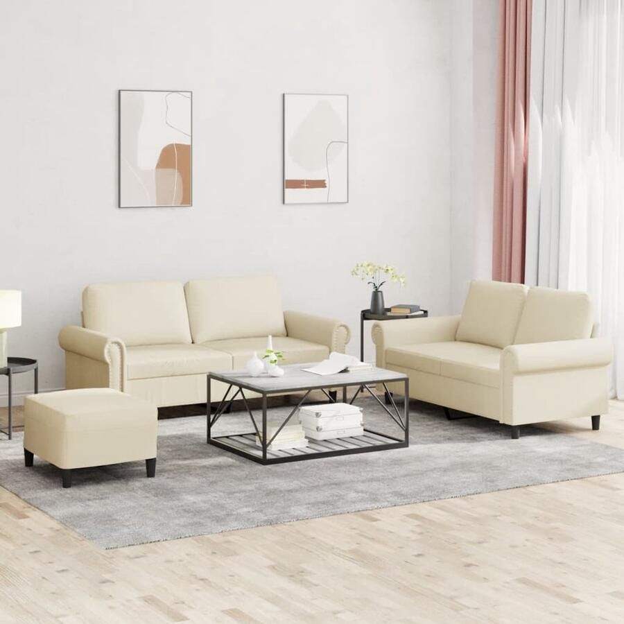 The Living Store 3-delige Loungeset met kussens kunstleer crème 2 Persoons Bank Lounge Set Kunstleder Sofa Creme Kleuren Bank Salon Meubilair