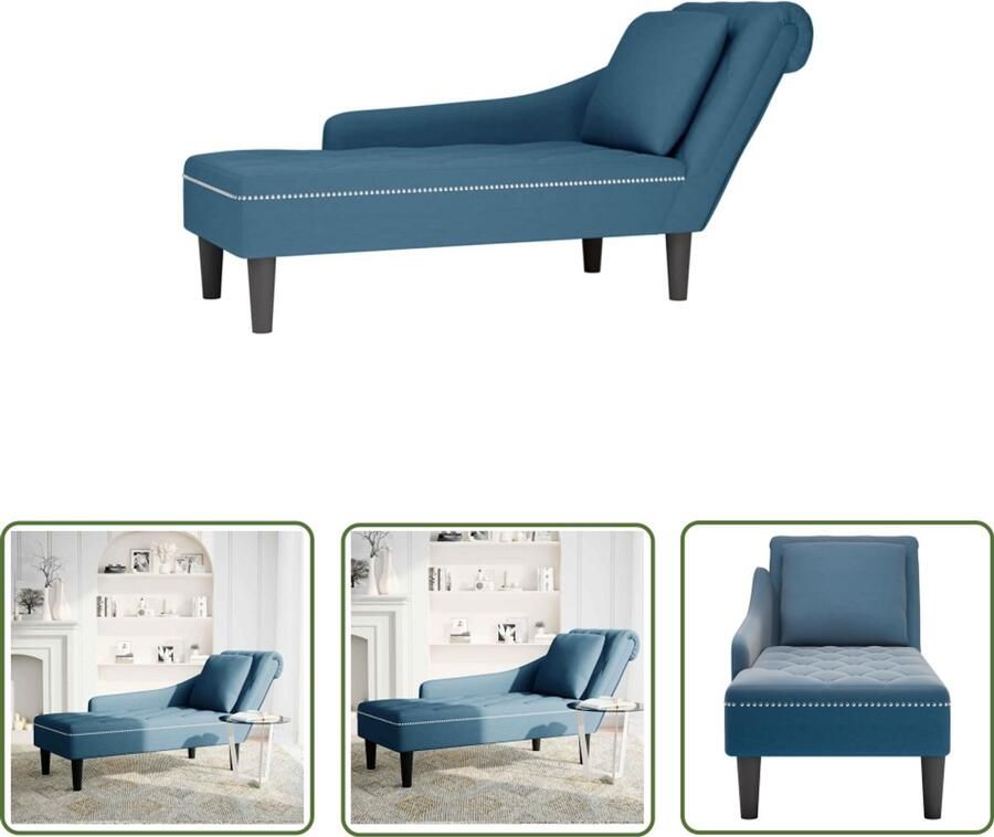 The Living Store Chaise longue met kussen en rechterarmleuning fluweel blauw Chaise Lounge Stoel Velours Fauteuil Relaxstoel Blauwe Chaise Longue