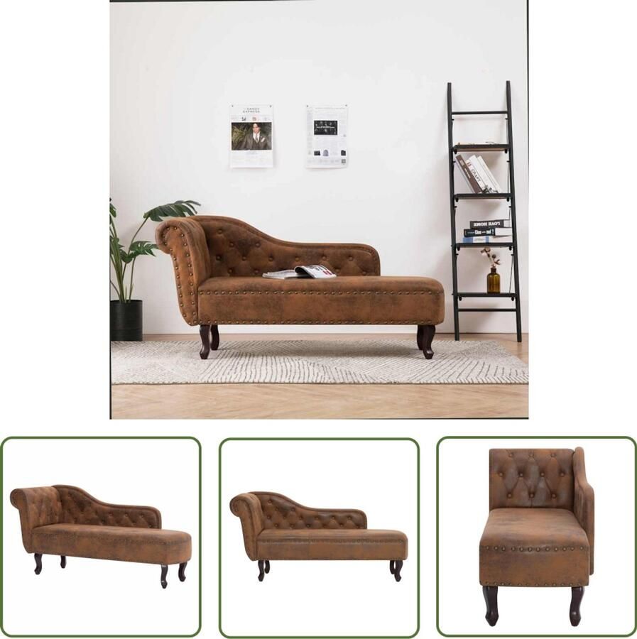 The Living Store Chaise Longue Kunstsuède Antiekbruin 162 x 56 x 77 cm Dik gevoerd Comfortabele Fauteuil Lounge Stoel Bruine Chaise Longue Vintage Lounge Stoel Art Deco Stoel - Foto 2