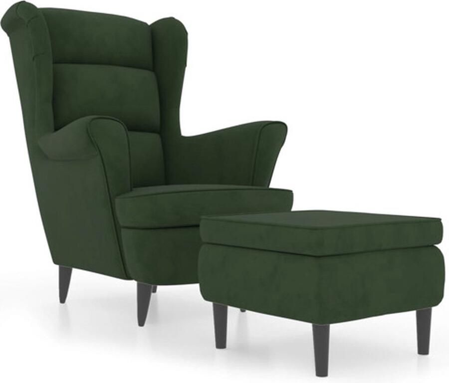 The Living Store Fauteuil met voetenbank fluweel donkergroen Comfortabele Stoel Lounge Stoel Velvet Fauteuil Groene Fauteuil Eetkamerstoelen - Foto 2