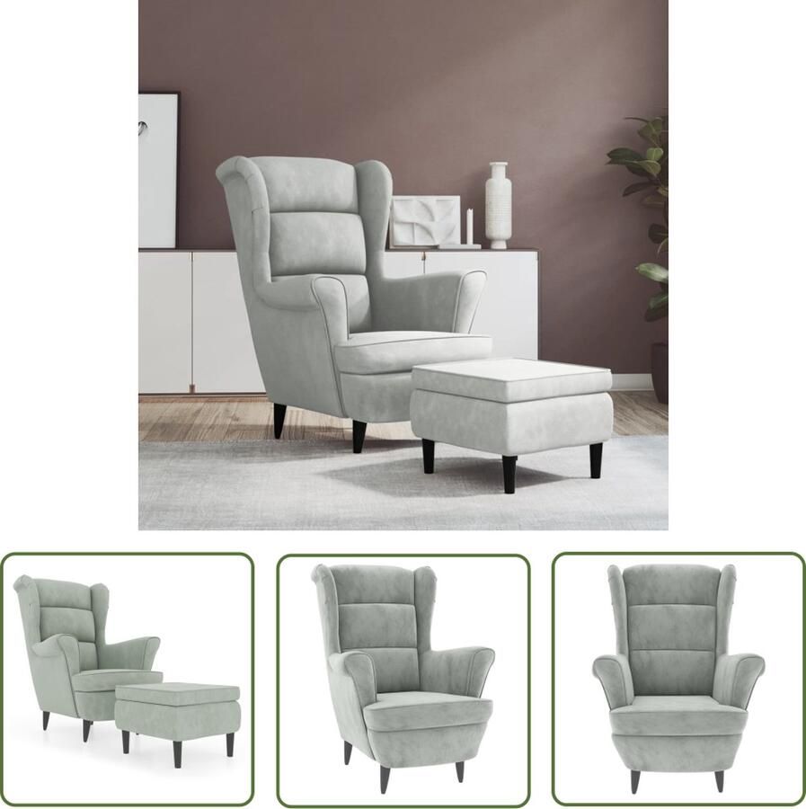 The Living Store Armstoel Fluweel Lichtgrijs 81x90x96.5 cm Met Voetenbank Fauteuil Lounge Stoel Fluweel Stoel Grijze Stoel Eetkamerstoelen - Foto 2