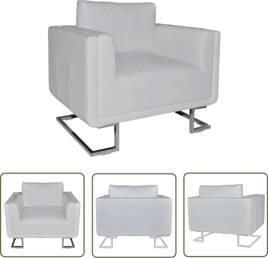 The Living Store Leren Fauteuil Wit 85.5 x 63 x 74 cm Houten frame Chromen voetjes Lederen Fauteuil Lounge Stoel Fauteuill Eetkamerstoelen Salon Meubels