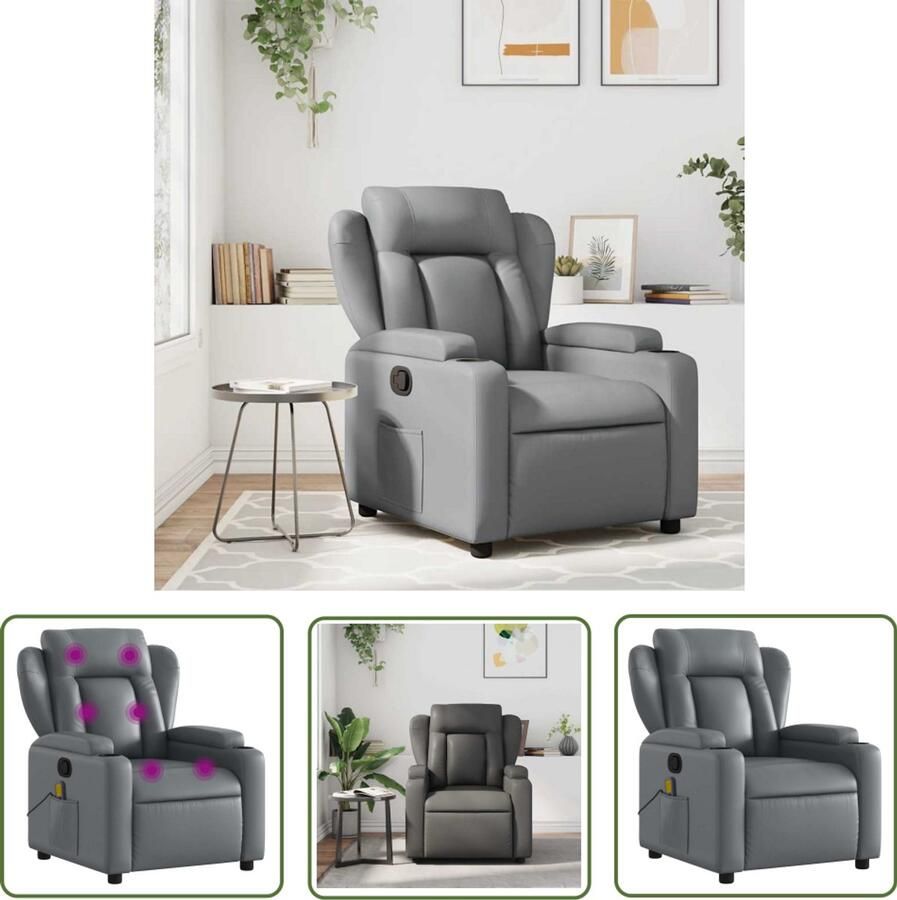 The Living Store Massagestoel verstelbaar kunstleer grijs Massagestoel Elektrische Massage Lounge Stoel Relaxstoel Lederlook