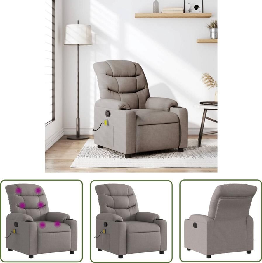 The Living Store Massagestoel verstelbaar stof taupe Massagestoel Lounge Stoel Relaxstoel Ergonomische Stoel Elektrische Massage