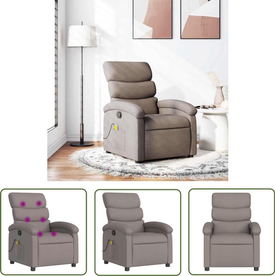 The Living Store Massagestoel verstelbaar stof taupe Massagestoel Lounge Stoel Relaxstoel Elektrische Massage Voetenbank