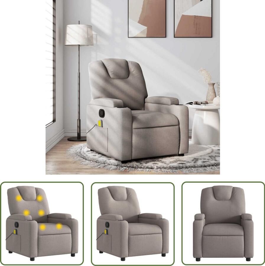 The Living Store Massagestoel verstelbaar stof taupe Massagestoel Lounge Stoel Relaxstoel Elektrische Massage Verstelbare Stoel