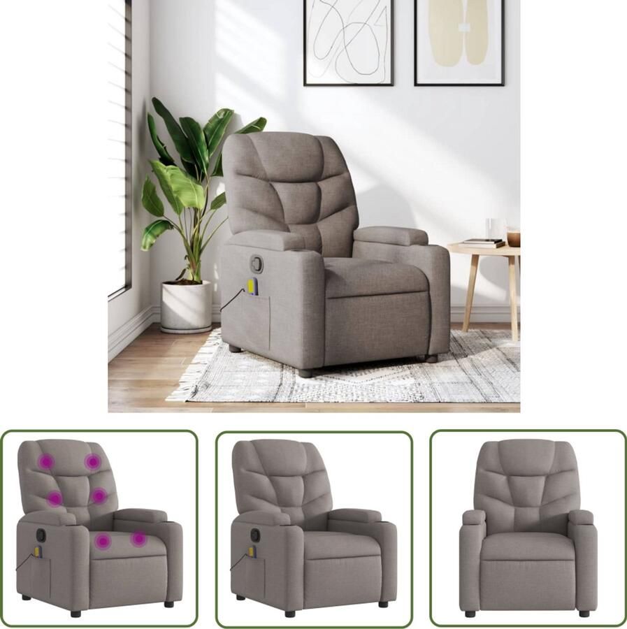 The Living Store Massagestoel verstelbaar stof taupe Massagestoel Lounge Stoel Relaxstoel Ergonomische Stoel Elektrische Massage