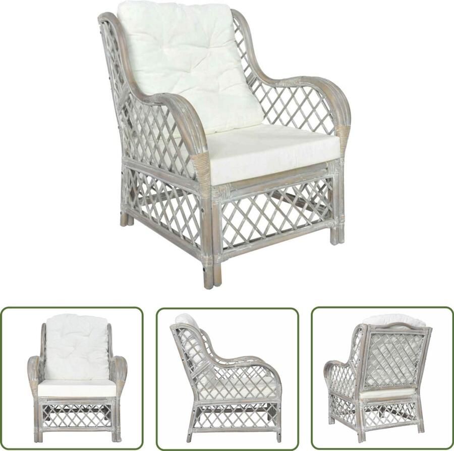 The Living Store Stoel met kussen natuurlijk rattan en linnen grijs Rattanstoel Lounge Stoel Tuinstoelen Buiten Meubilair Relaxfauteuil - Foto 2