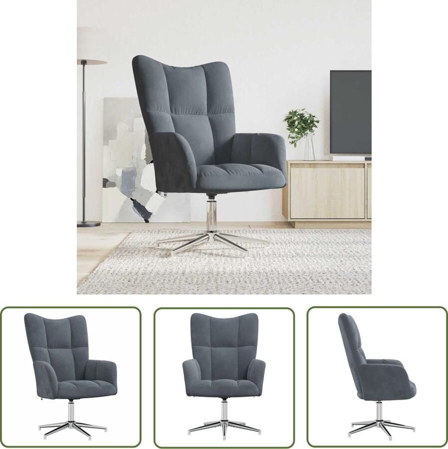 The Living Store Relaxstoel Donkergrijs 62x68x98cm Fluweel en Staal Relaxfauteuil Lounge Stoel Donker Grijs Meubilair Velvet Fauteuil Ergonomische Stoel - Foto 2