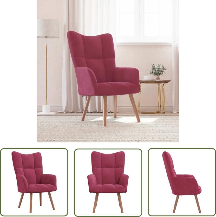 The Living Store Relaxstoel Blokpatroon Fluweel 61.5 x 69 x 95.5 cm Wijnrood Relaxfauteuil Lounge Stoel Velvet Stoel Rode Stoel Woonkamer Meubels - Foto 2