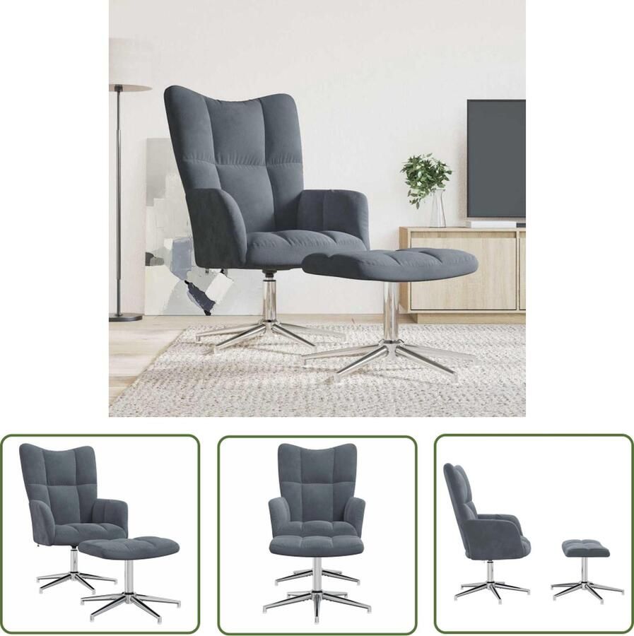 The Living Store Relaxstoel met voetenbank fluweel donkergrijs Relaxfauteuil Lounge Stoel Velvet Fauteuil Grijze Fauteuil Comfortabele Stoel - Foto 2