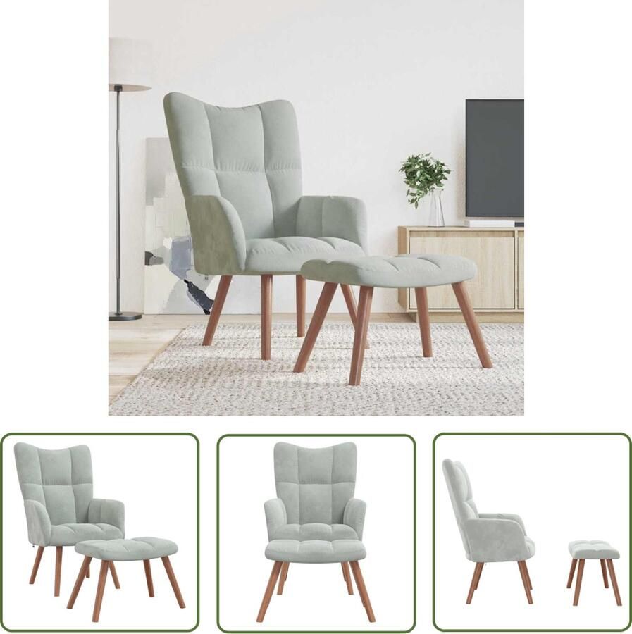 The Living Store Relaxstoel Blokpatroon Lichtgrijs 61.5 x 69 x 95.5 cm Fluwelen bekleding Relaxfauteuil Lounge Stoel Fauteuiltje Loungestoel Velvet Bank - Foto 2