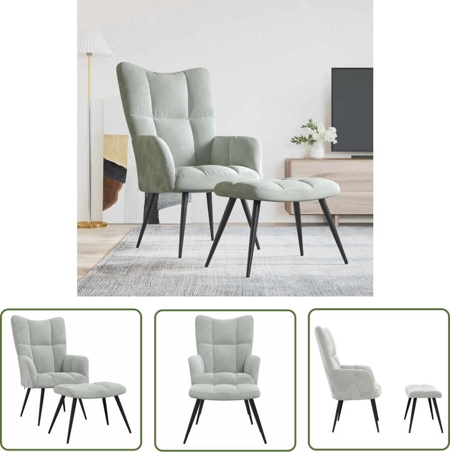 The Living Store Relaxstoel Chic en Elegant Stoel met Voetenbank Lichtgrijs 61 x 70 x 96.5 cm Fluweel en Staal Relaxfauteuil Lounge Stoel Velvet Stoel Grijs Meubilair Comfortabele Stoel - Foto 2