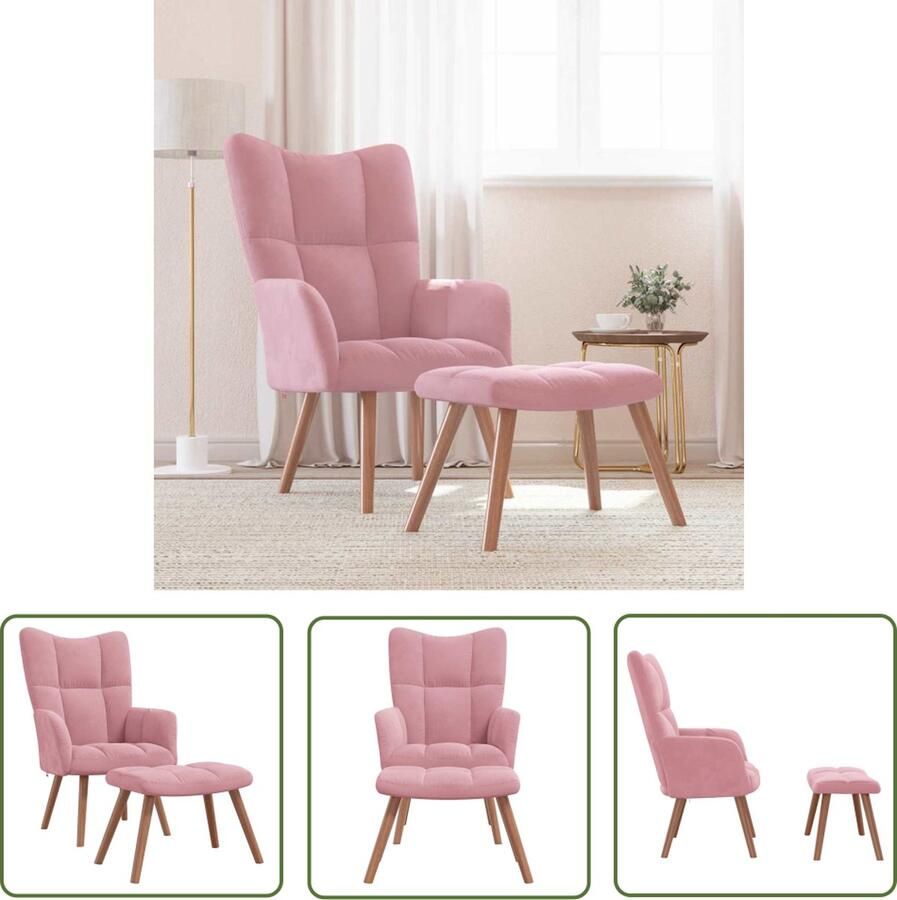 The Living Store Relaxstoel Stoel en Voetenbank 61.5 x 69 x 95.5 cm Roze Fluweel Relaxfauteuil Lounge Stoel Woonkamer Meubels Velvet Bank Roze Meubilair - Foto 2