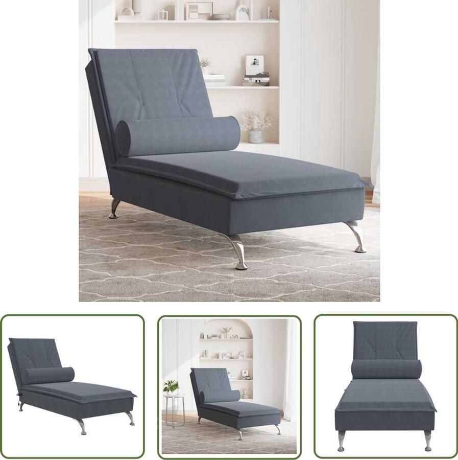 The Living Store Massage chaise longue met bolster fluweel donkergrijs Massage Fauteuil Loungebank Donkere Stoffen Meubels Fluweel Chaise Longue Elektrische Massagebank